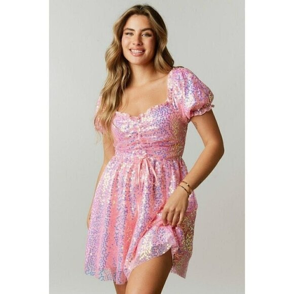 Flower Power Sequin Baby Doll Dress in Pink - Picture 1 of 5